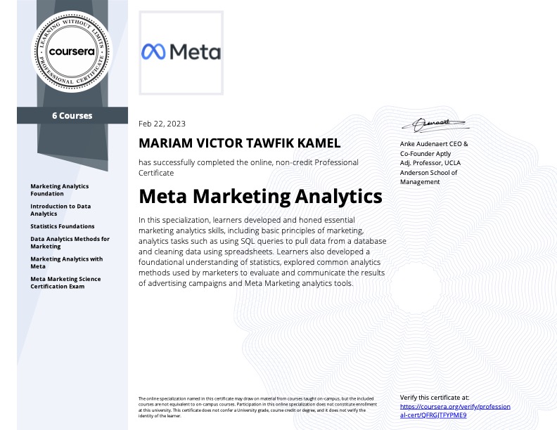 Meta Marketing Analytics certificate awarded to Mariam Victor on February 22, 2023