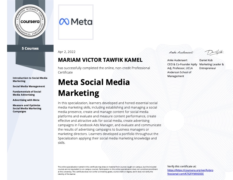 Meta Social Media Marketing certificate awarded to Mariam Victor on April 2, 2022.