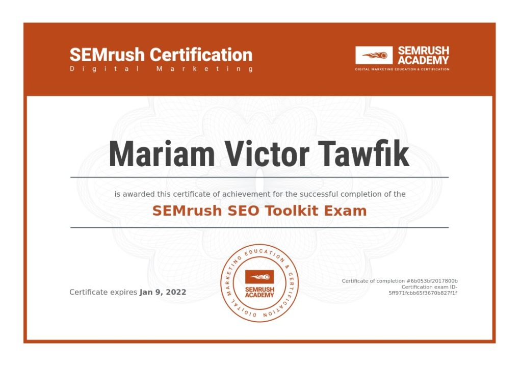 SEMrush SEO Toolkit Exam certificate awarded to Mariam Victor.